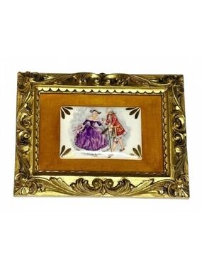 Vintage Framed Porcelain Miniature – Hand-Painted Rococo Couple – Gilt Frame